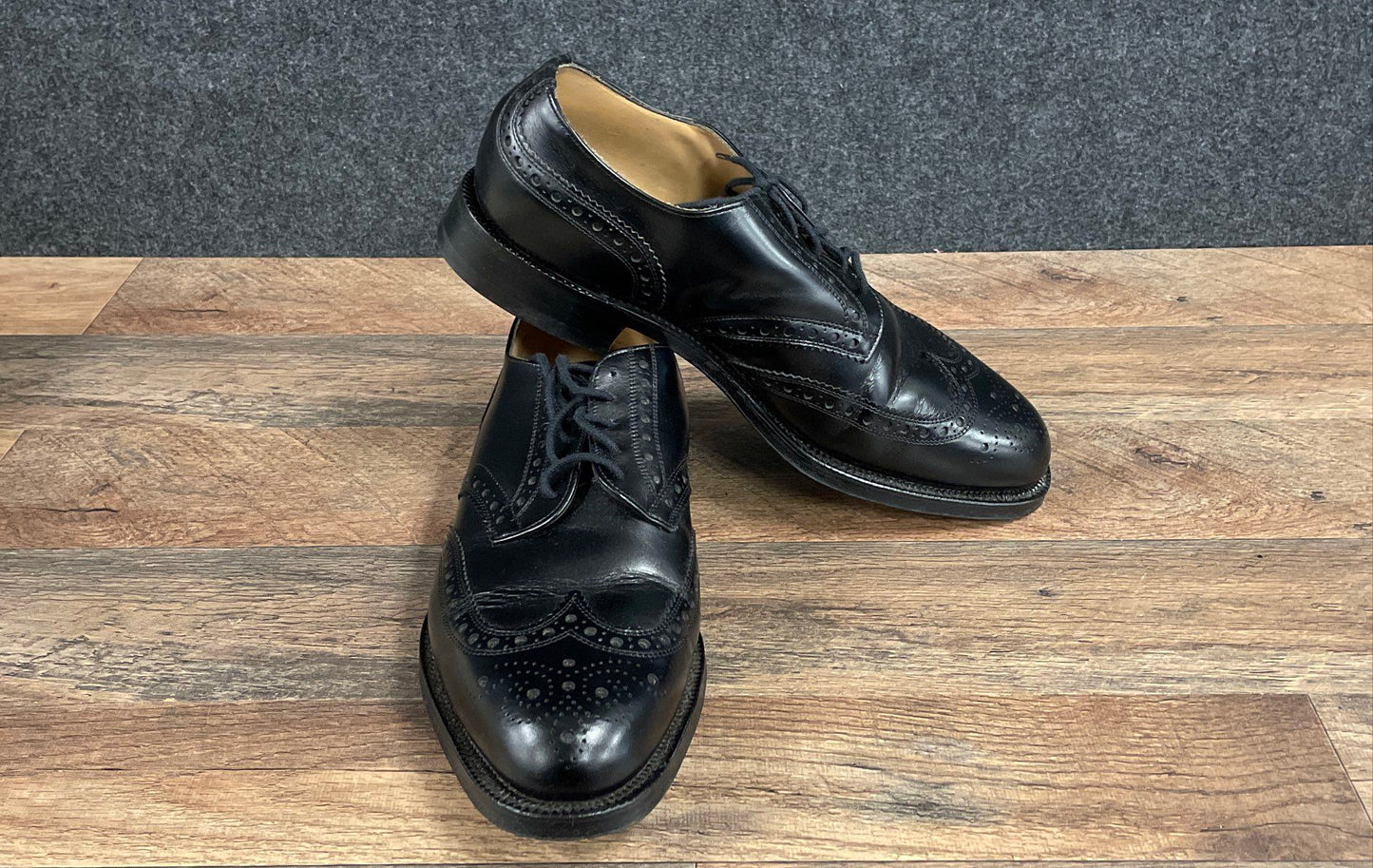 Hitchcock 955 5 Tie Brogue Blucher Black Calf Wingtip Dress Shoes Size 9.5 5E