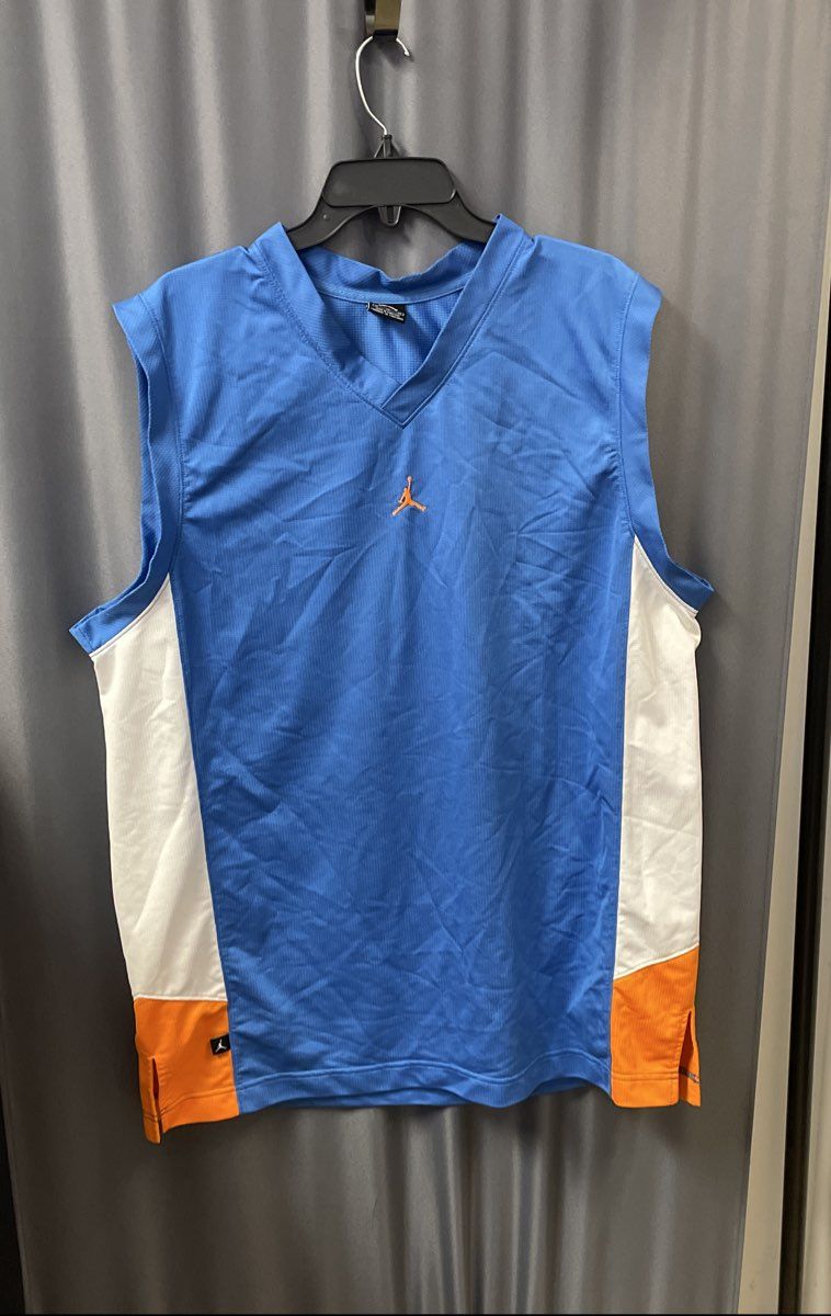 Jordan Men's Sleeveless V-Neck Shooting Shirt Blue White Orange OKC Sz XL