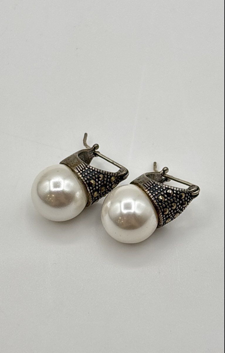 925 Sterling Silver Marcasite Accent Cap Faux Pearl Earrings 7.6g