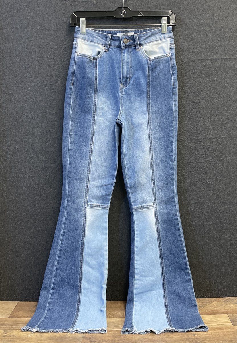 Madden NYC Women's Blue Patchwork Raw Edge Flared Jeans Sz 1