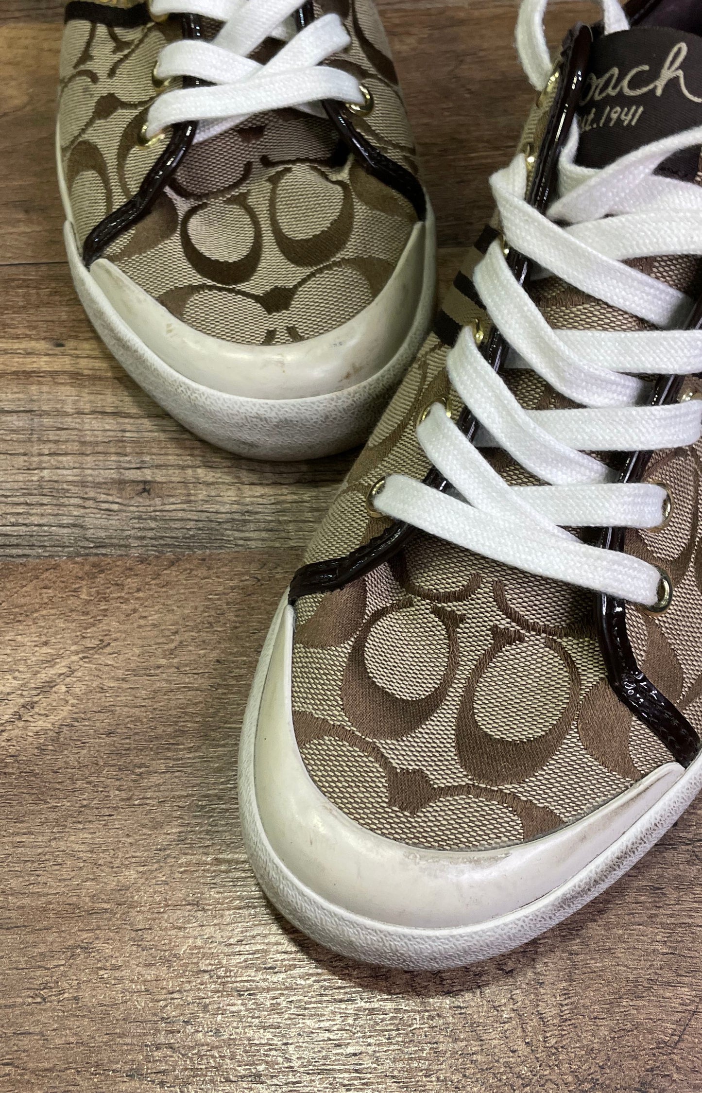 Coach Barrett Signature Jacquard Khaki Brown Low Top Sneakers Women's Size 9B