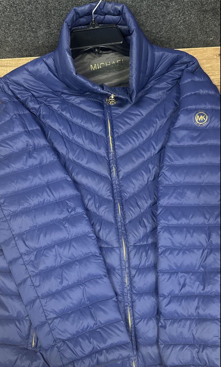 Michael Kors Women's Blue Packable Down Chevron Quilted Puffer Jacket Sz XL