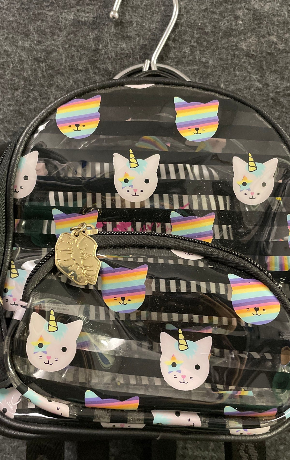 Luv Betsey by Betsey Johnson Black Clear Unicorn Cat Striped Mini Backpack Bag