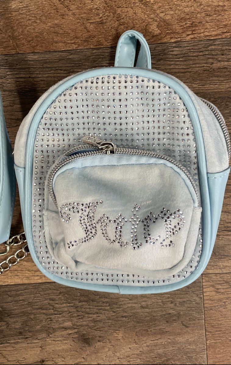 Juicy Couture Kids Light Blue Velour Rhinestone Mini Backpack Crossbody Bag