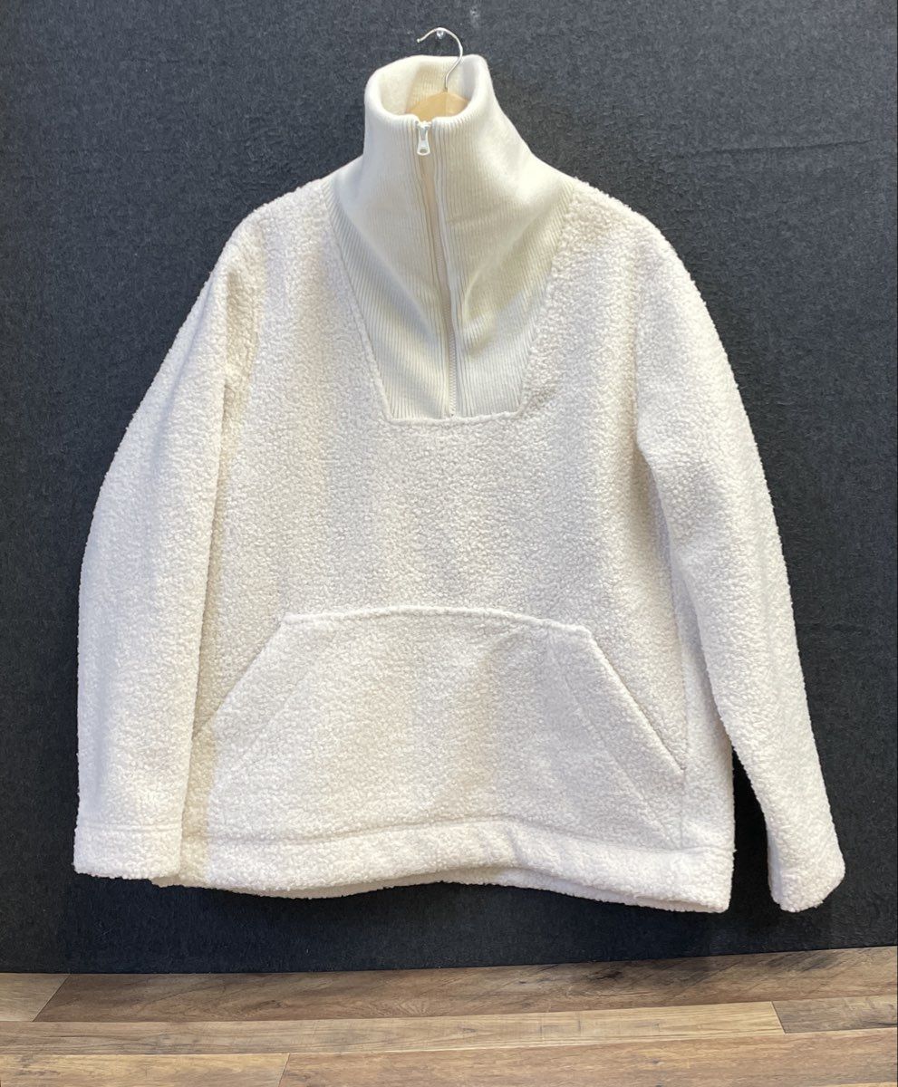 Land's End Women's Cream Fuzzy Sherpa Fleece Quarter Zip Pullover Sz L