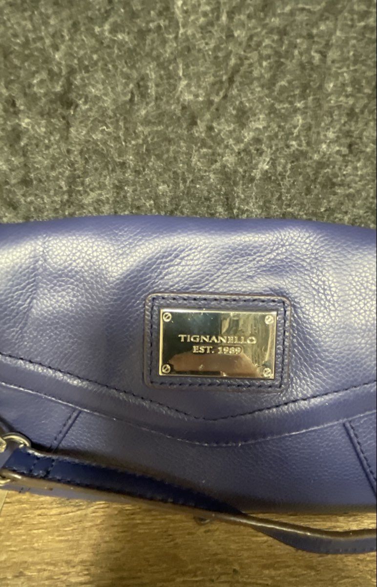 Tignanello Blue Leather Mini Crossbody Wallet Bag Leopard Lining Silver Hardware
