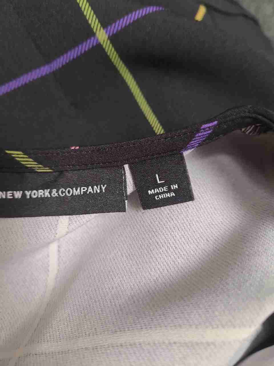 New York & Co Women's Black Multicolor Grid Plaid Puff Sleeve Jumpsuit Sz L