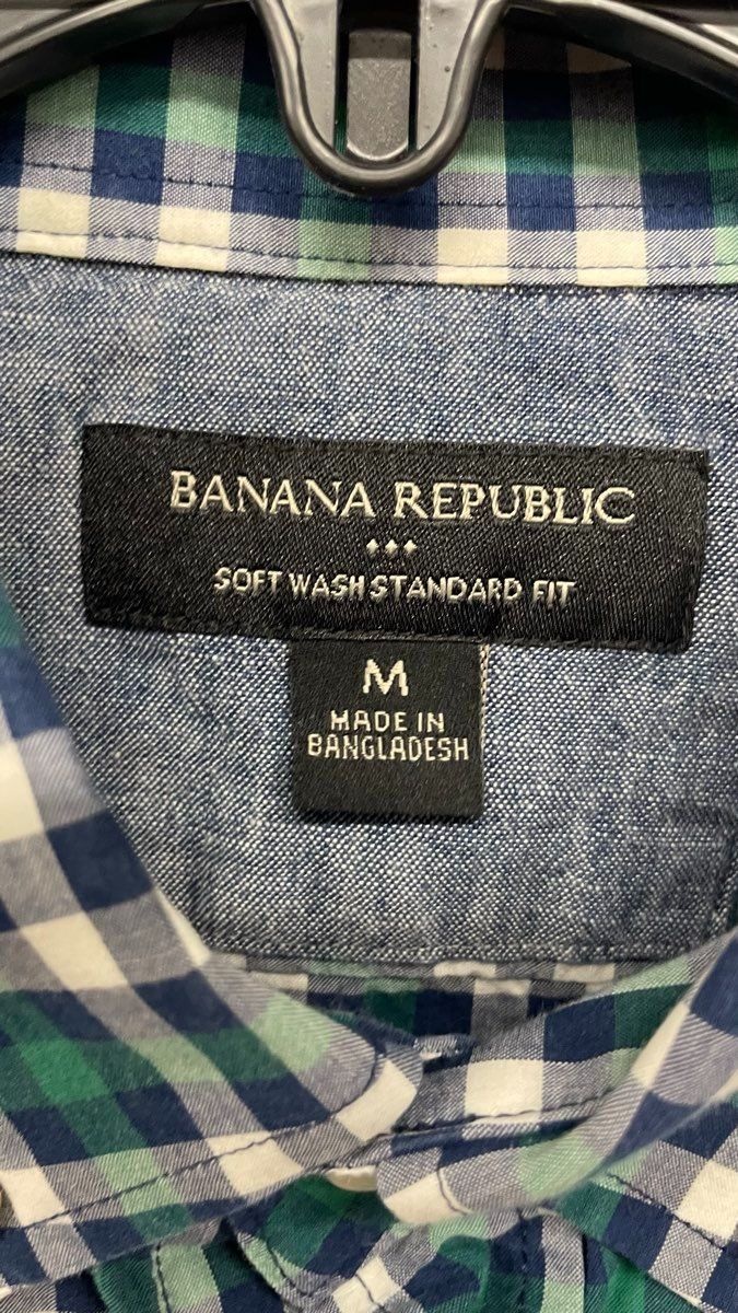 Banana Republic Men's Green Navy Plaid Soft Wash Standard Fit Shirt Size M