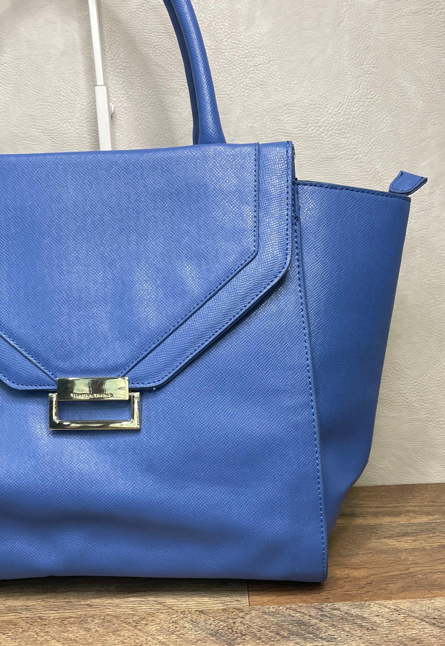 Ivanka Trump Blue Saffiano Textured Envelope Satchel Tote Bag Gold Hardware