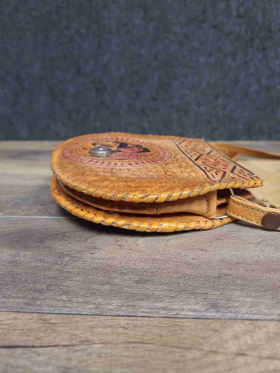 Vintage Tan Tooled Leather Elephant Crossbody Bag Boho Hippie Shoulder Bag