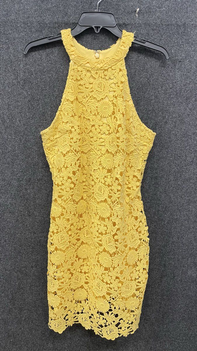 Lulus Women's Yellow Floral Lace Halter Bodycon Mini Cocktail Dress Sz L