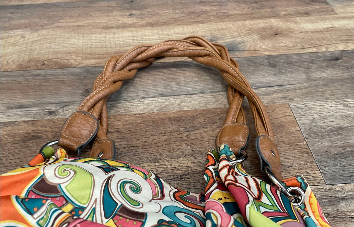 Treviso Multicolor Paisley Design Brown Leather Braided Strap Shoulder Bag Purse