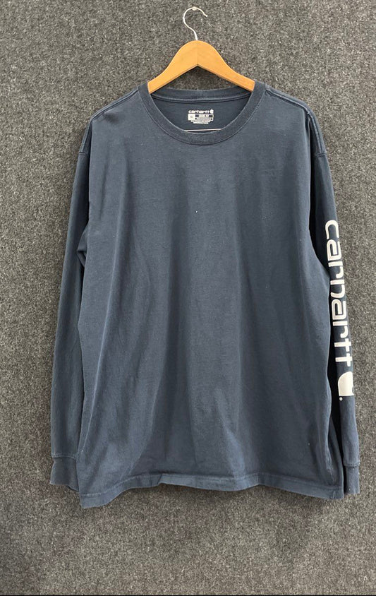 Carhartt Men's Loose Fit Long Sleeve T-Shirt Navy Blue Sleeve Logo Sz XL