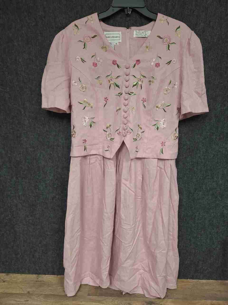Karin Stevens Women's Vintage 90s Pink Floral Embroidered Linen Dress Sz 14
