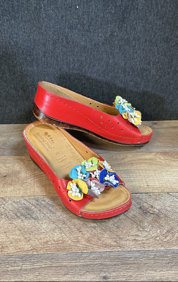 Spring Step Flowerchild Red Leather Floral Wedge Slide Sandals Size 37