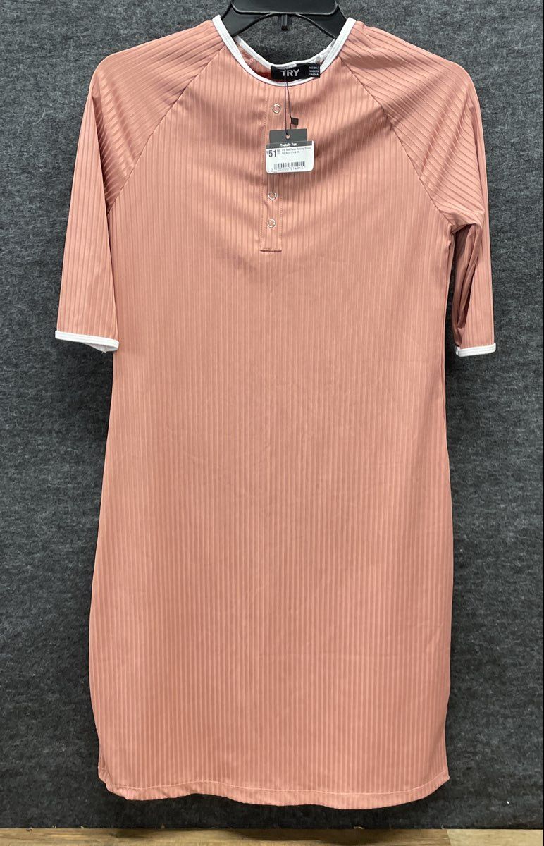 TRY Women's Pink Rib Faux Henley Cover Up Raglan Sleeve White Trim Sz 16 NWT