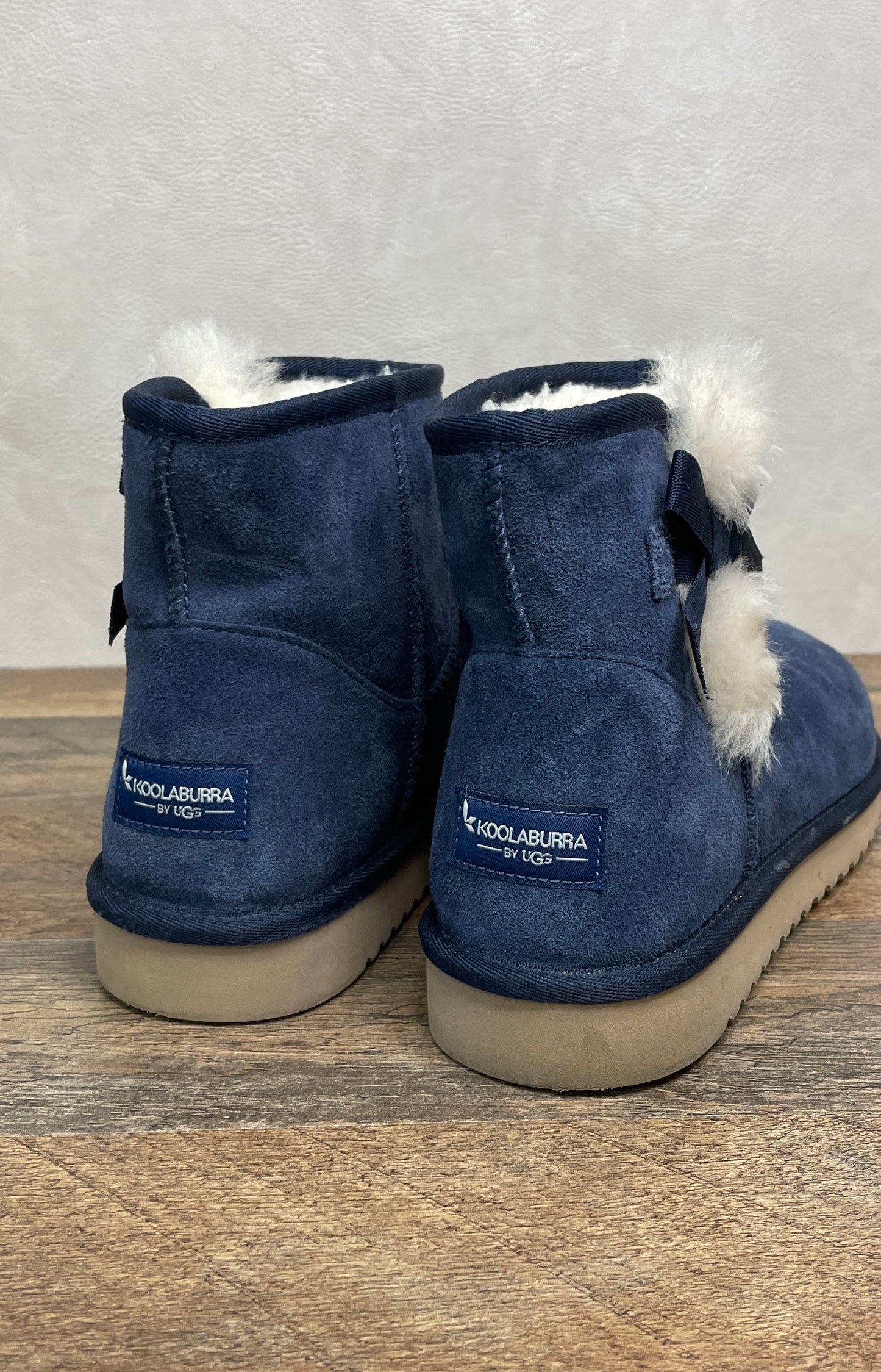 Koolaburra by UGG Victoria Short Navy Blue Suede Faux Fur Pom Boots Size 9
