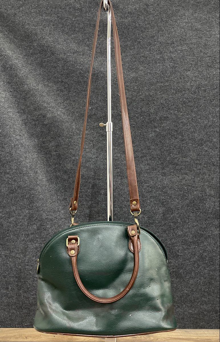 Vintage Liz Claiborne Green Brown Pebbled Leather Dome Satchel Shoulder Bag