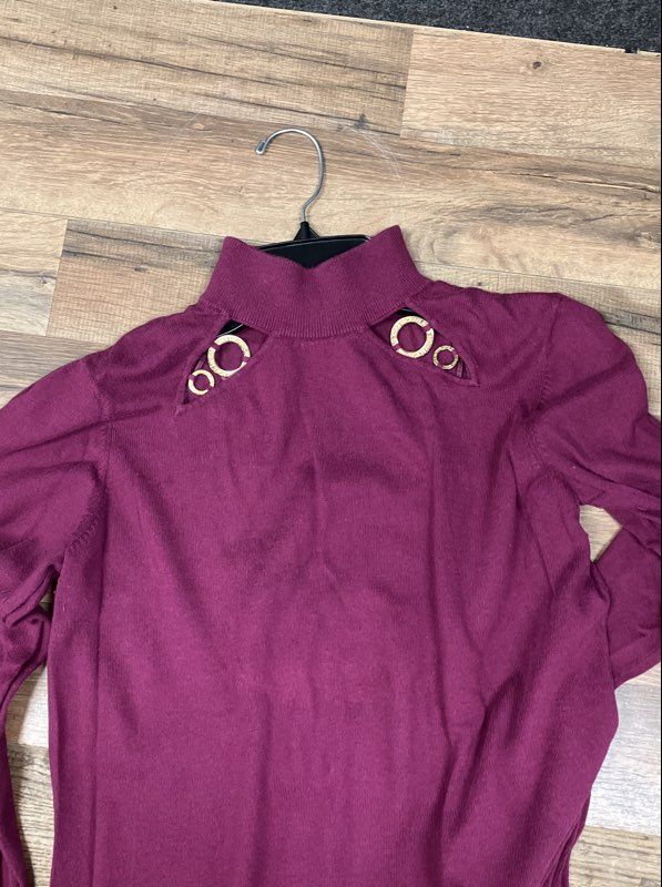 Michael Kors Women's Sweater Berry Mock Neck Cutout Gold Ring Accents Sz 1