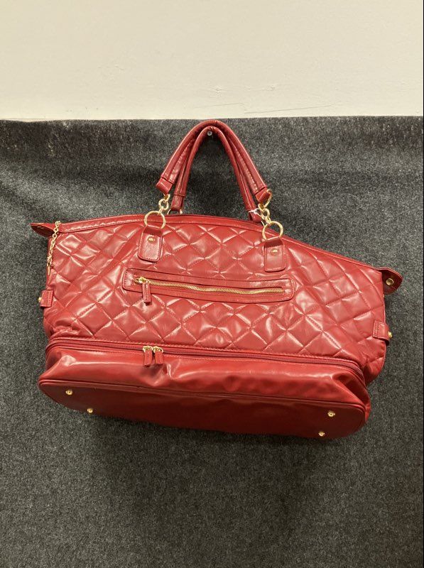 Red Quilted Faux Leather Weekender Travel Duffle Bag Overnight Luggage
