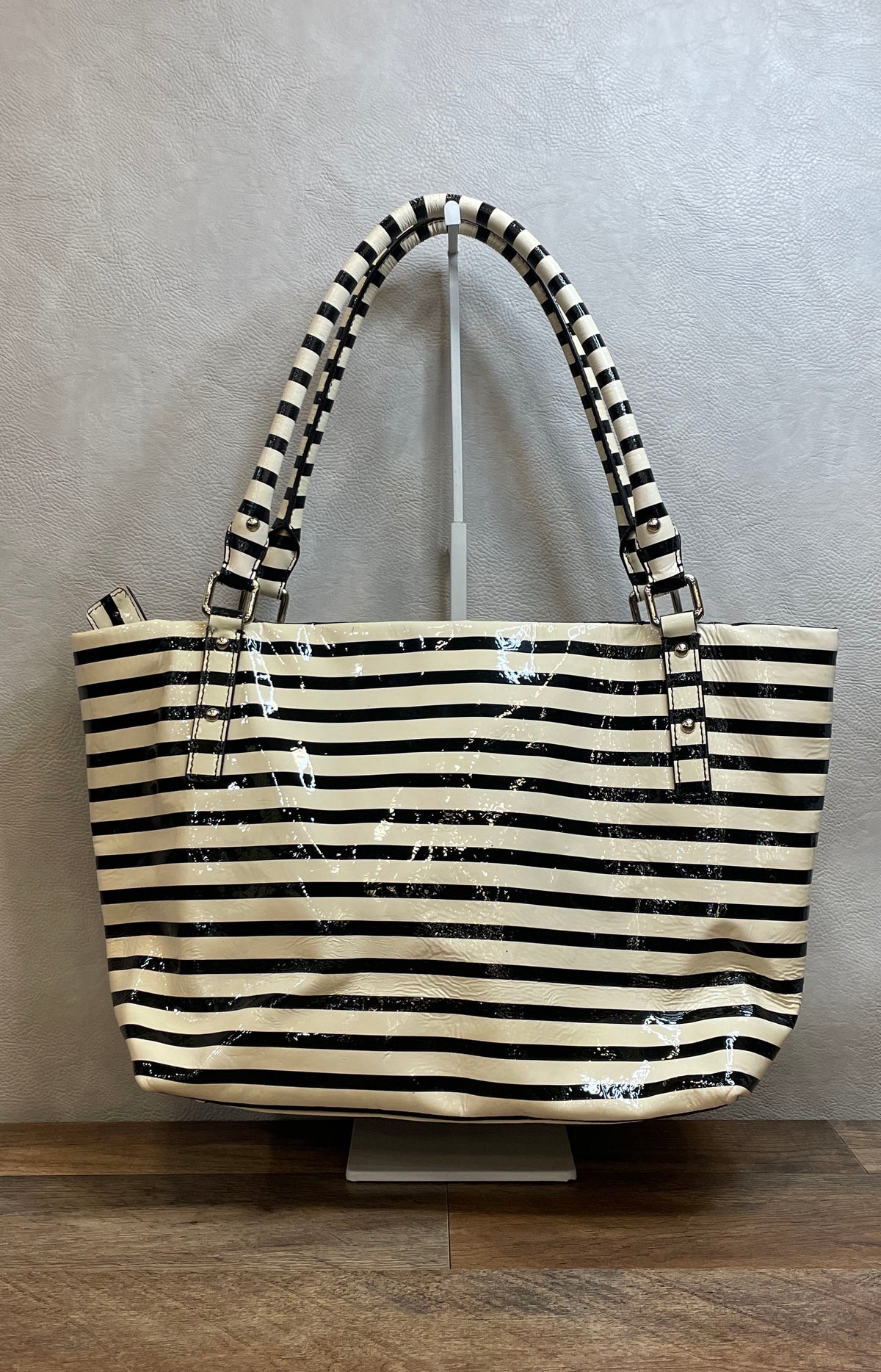 Kate Spade Black White Striped Patent Leather Large Tote Diaper Bag Silver