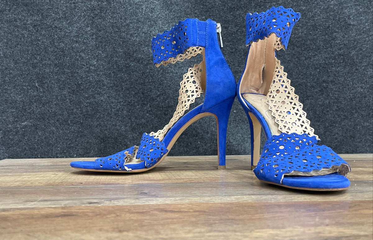 Jessica Simpson Blue Laser Cut Perforated Ankle Strap Stiletto Heels Size 8.5
