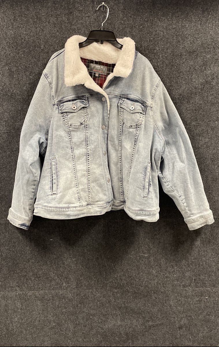 Torrid Women's Light Wash Sherpa Collar Plaid Lined Denim Trucker Jacket Sz 5