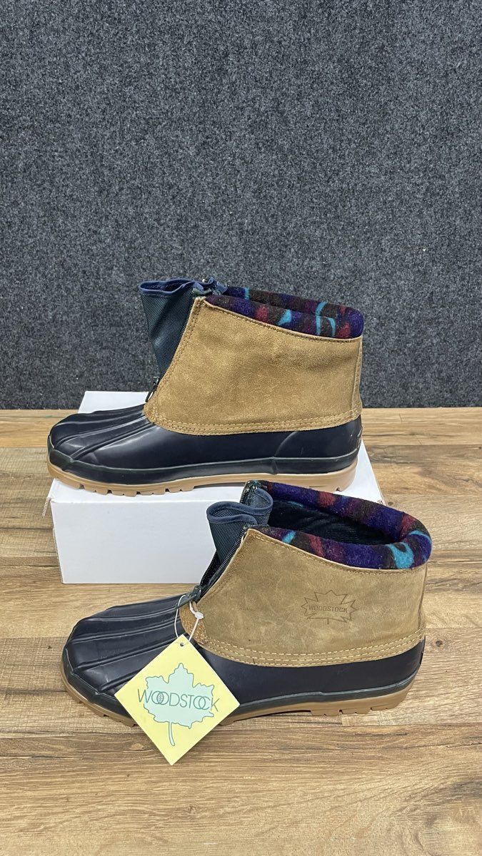 Woodstock Blaze Tan Navy Front-Zip Duck Boots Men's Size 11 NWT