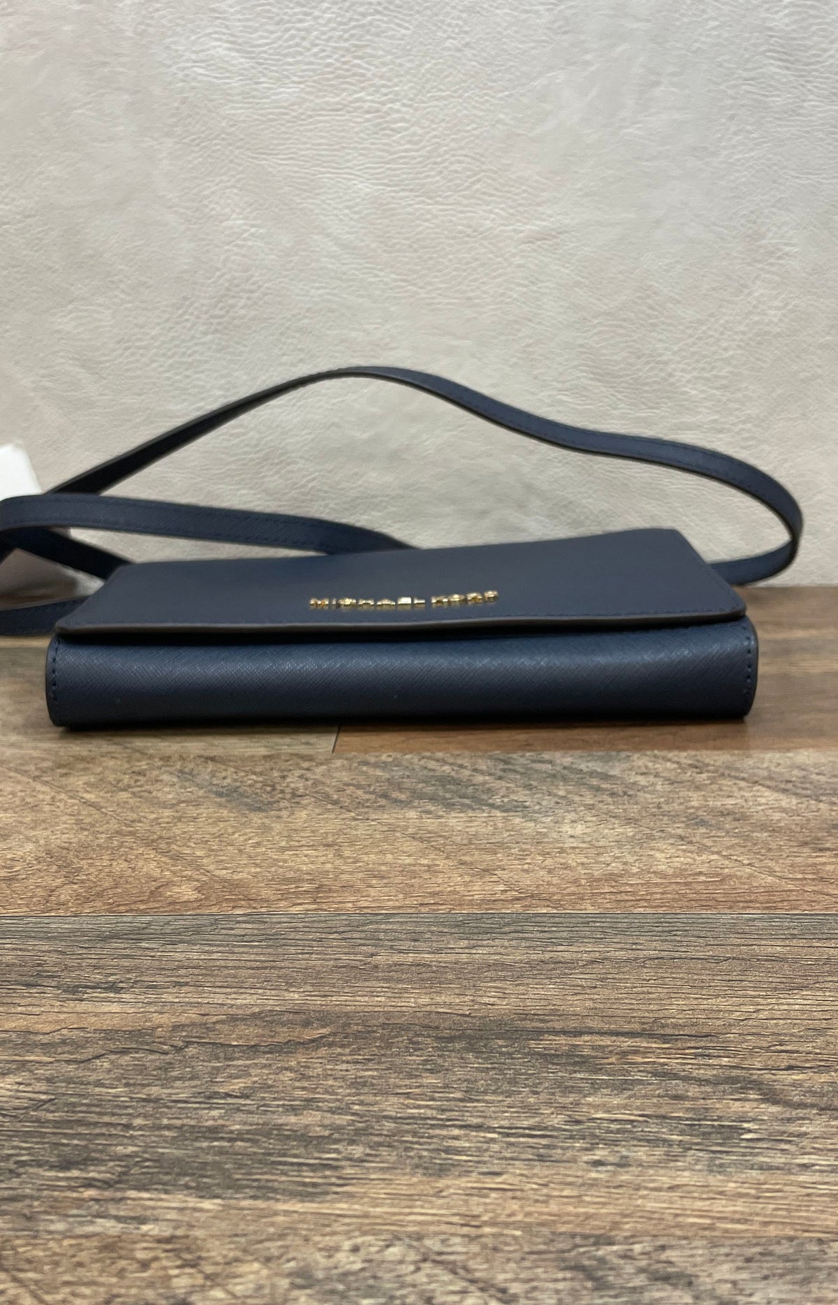 Michael Kors Navy Blue Saffiano Leather Crossbody Wallet Bag Gold Hardware