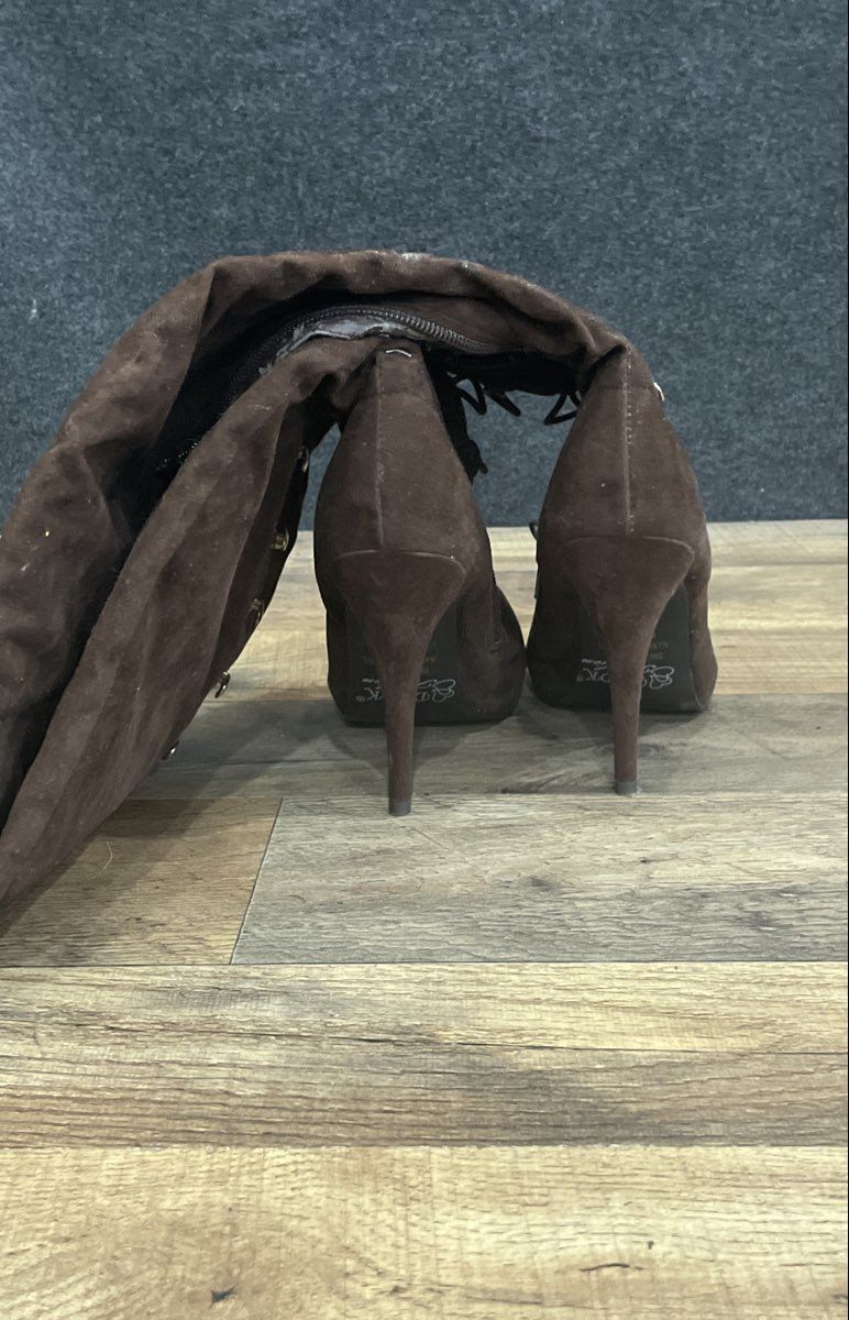 DBDK Fashion Zina-1 Brown Faux Suede Thigh High Stiletto Heel Boots Size 6.5