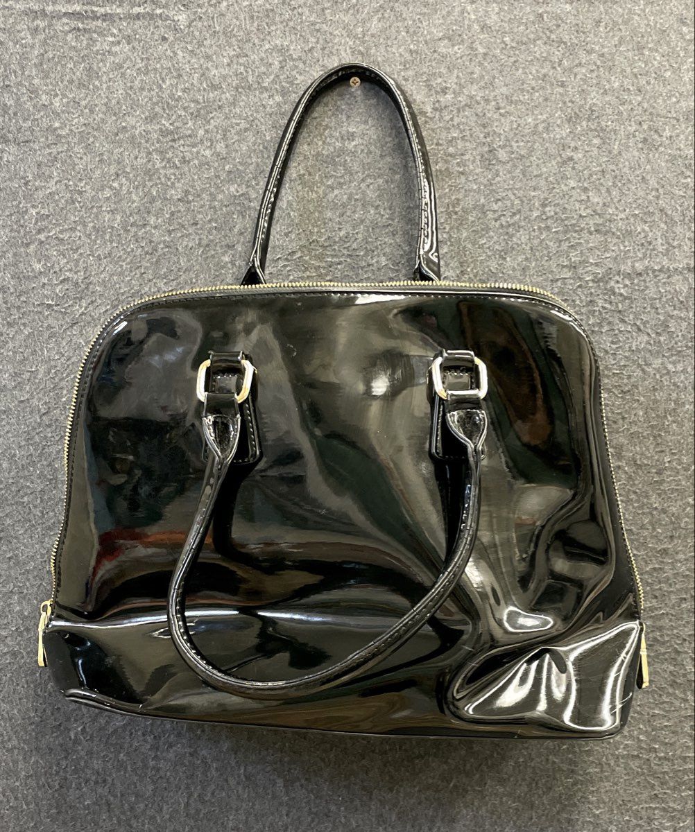 Adrienne Vittadini Black Patent Dome Satchel Bag Gold Tone Hardware