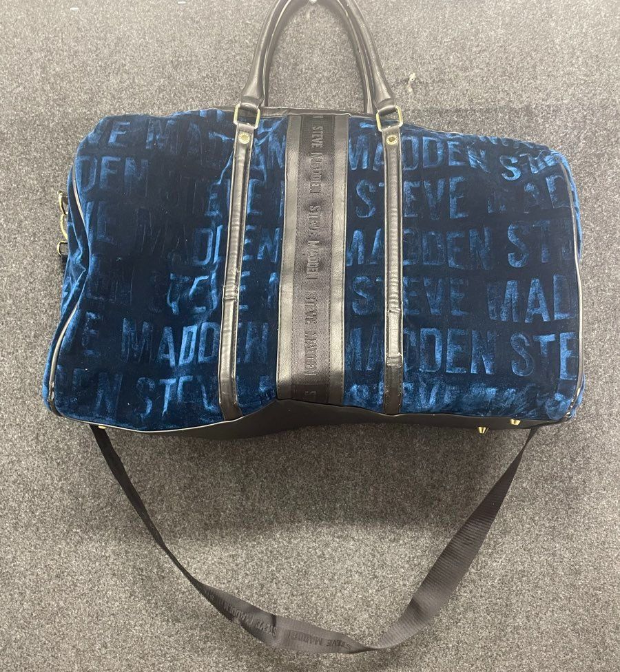 Steve Madden Royal Blue Velvet Logo Weekender Duffel Bag Travel Gold Hardware