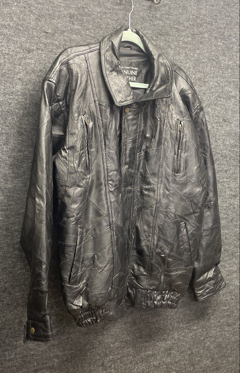 Vintage 90s Italian Stone Men's Black Patchwork Leather Bomber Jacket Sz XL