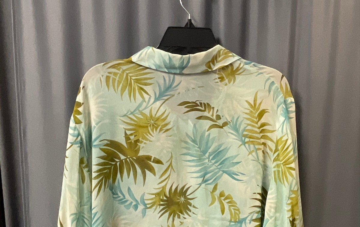 Kate Hill Women's Palm Tree Silk Button Down Top Green Blue Sz 18W