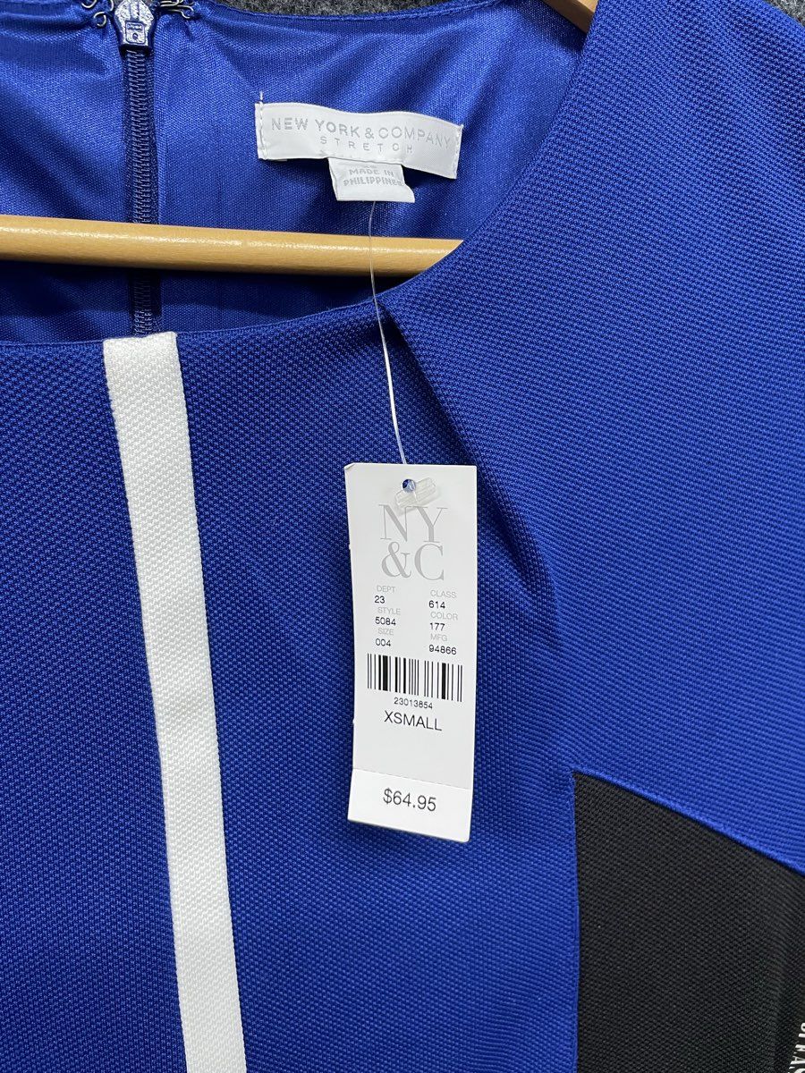 New York and Company Women's Colorblock Sheath Dress Blue Black White NWT Sz XS