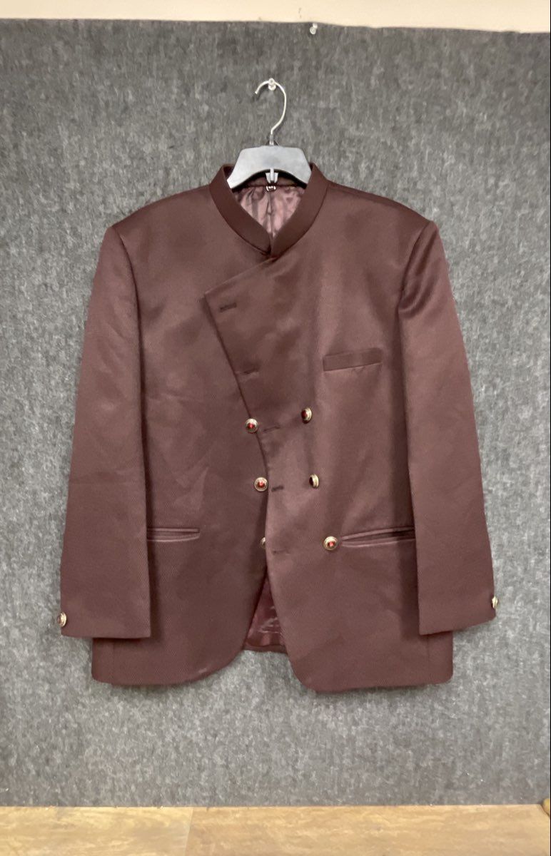 Uvaam Men's Brown Nehru Collar Asymmetric Double Breasted Blazer Jacket Sz 44