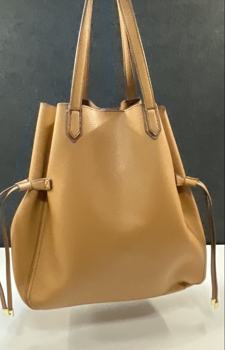 Tutilo New York Tan Pebbled Cinch Tote Bag Gold Hardware Large Handbag