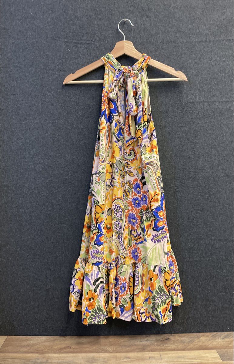 MSK Women's Multicolor Floral Paisley Halter Tie Neck Ruffle Dress Sz L