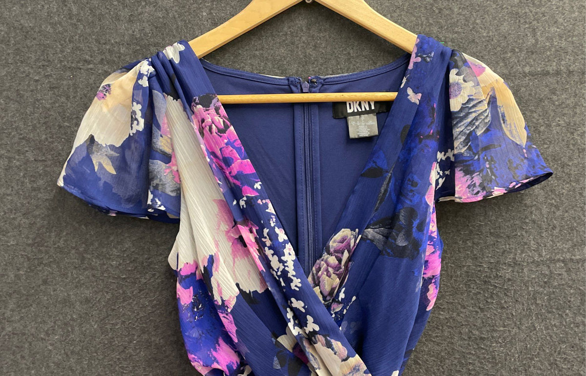 DKNY Women's Blue Floral V-Neck Tie Waist Flutter Sleeve Dress Sz 0