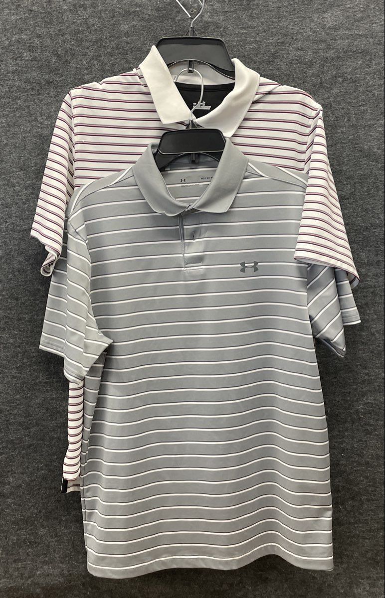 Under Armour Men's Striped Short Sleeve Polo Shirts Lot of 2 Gray White Sz M