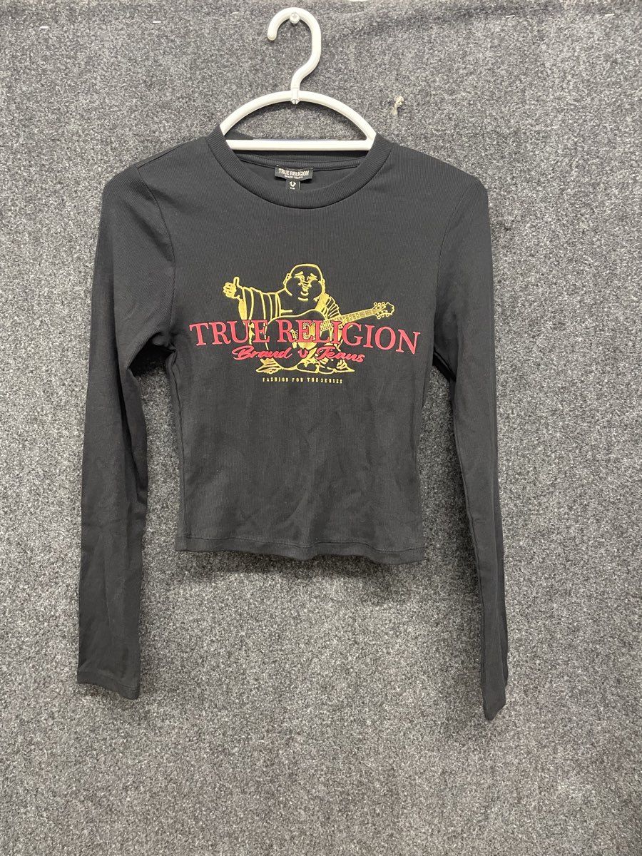 True Religion Women's Jet Black Buddha LS Ribbed Baby Tee NWT Sz S