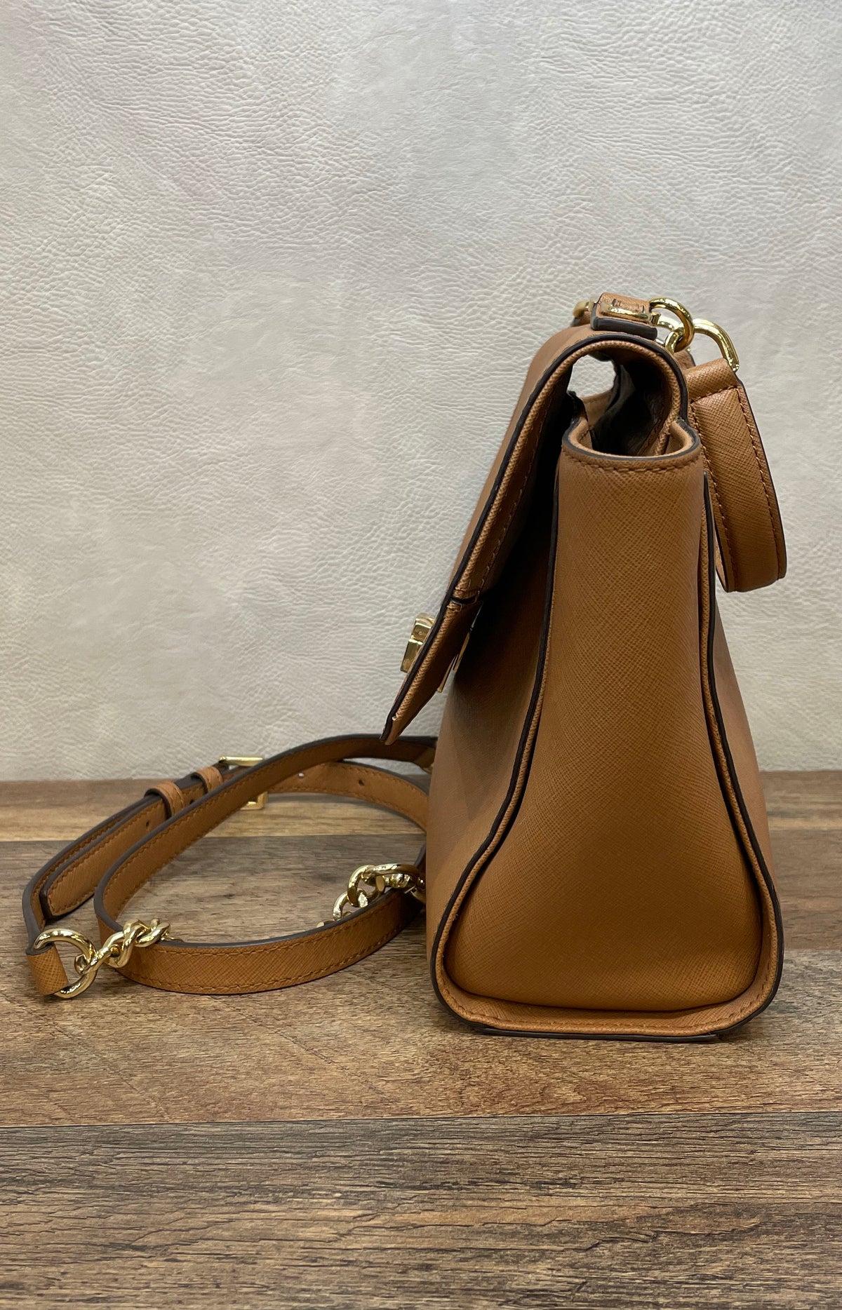 Michael Kors Tan Saffiano Leather Satchel Crossbody Bag Gold Hardware