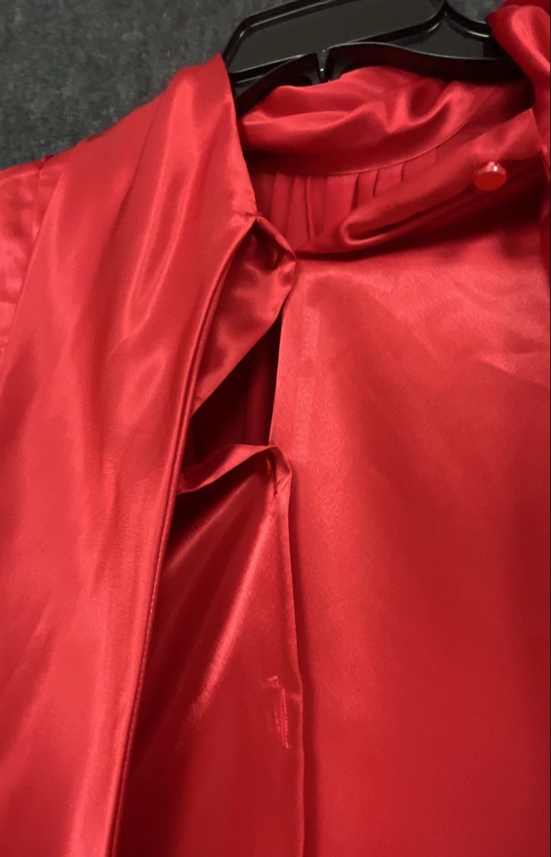 Vintage 80s Caren Charles Collection Women's Red Satin Pussy Bow Blouse
