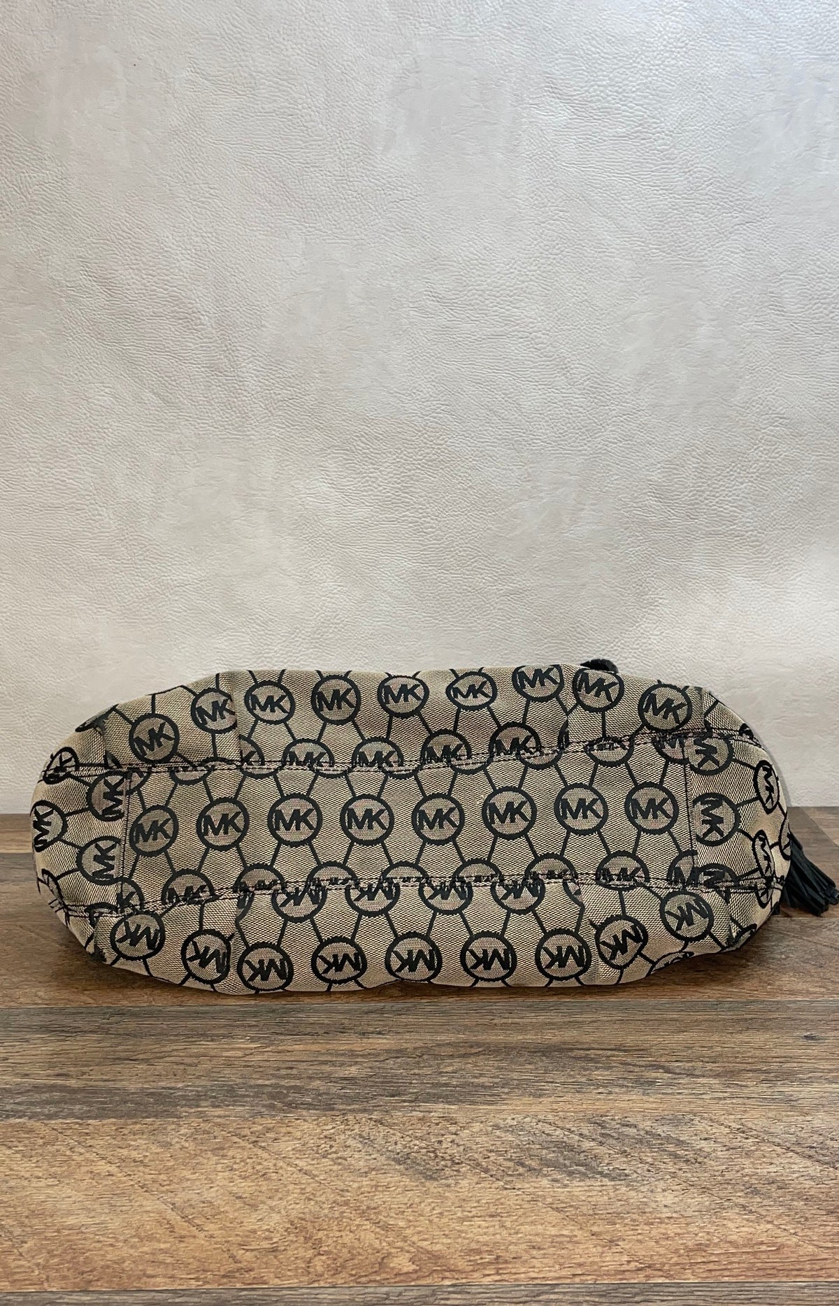 Michael Kors Beige Black Monogram Canvas Shoulder Bag Gold Tassel Braided Handle