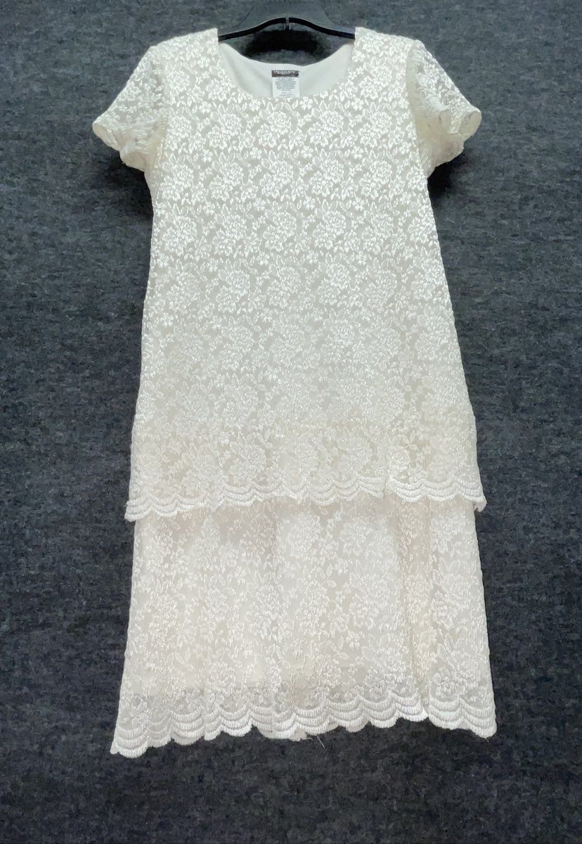 Vintage Y2K Leslie Blake Women's Ivory Floral Lace Layered Cocktail Dress Sz 10P