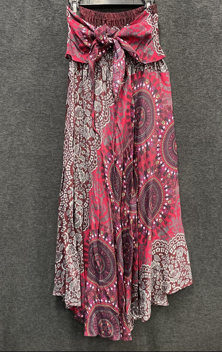 Banjamath Women's Red Boho Paisley Smocked Convertible Skirt Dress Sz M