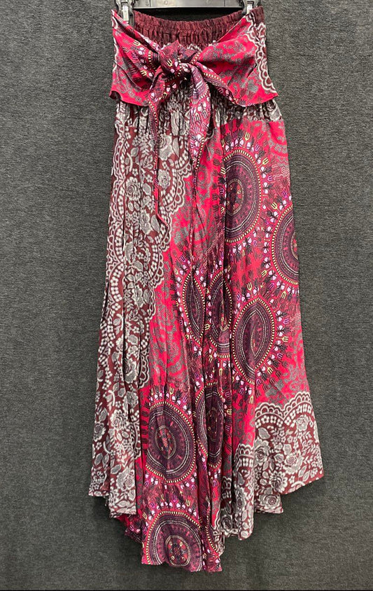 Banjamath Women's Red Boho Paisley Smocked Convertible Skirt Dress Sz M