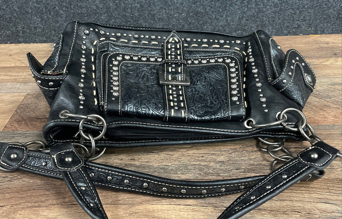 Montana West Black Tooled Studded Concealed Carry Shoulder Bag Purse Western