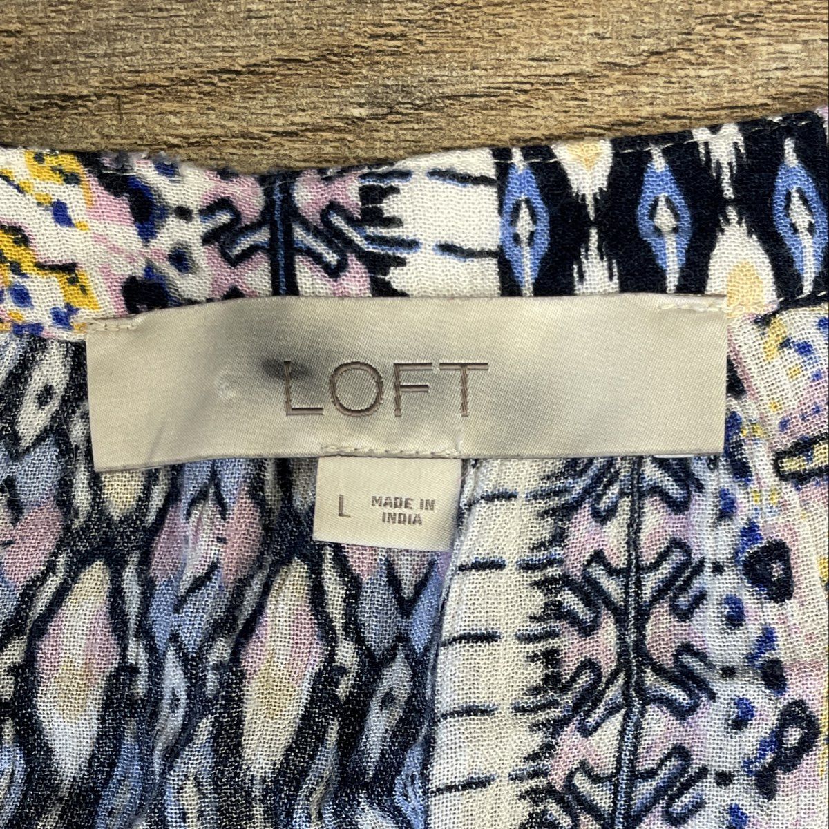 LOFT Women's Geometric Boho Tiered Rayon Short Sleeve V-Neck Dress Sz L