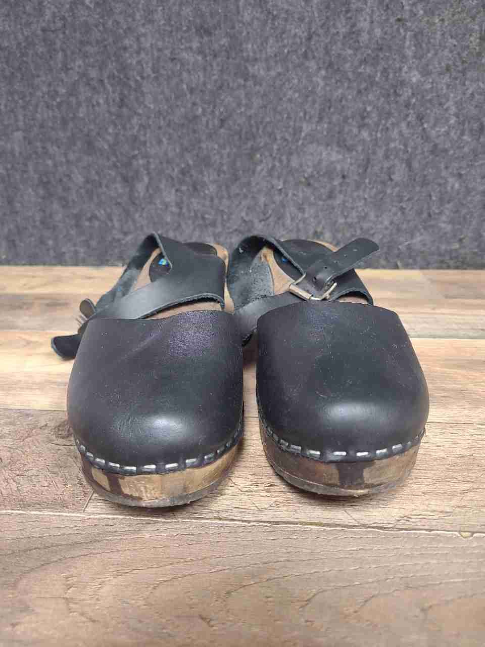 Lotta from Stockholm Highwood Black Leather Slingback Wooden Clogs Size 39